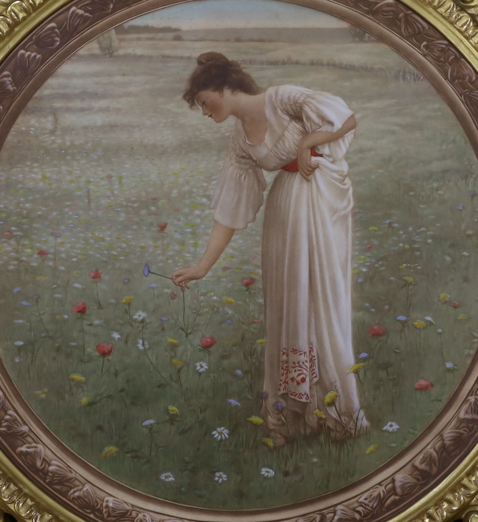 Manner of J.W. Waterhouse, a pair of colour mezzotints, Classical maiden picking flowers and On the seashore, tondo, 51cm, Florentine framed